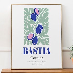 Bastia Córcega Francia Higo con patrón de hojas verdes, minimalista abstracto estético pared arte impresión cartel, regalo de cumpleaños, decoración de la sala de estar