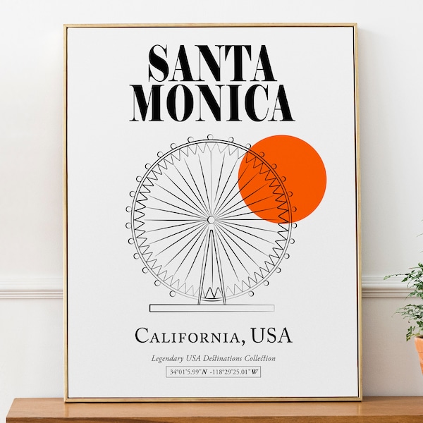 Santa Monica, Kalifornien, USA, Riesenrad Line Art On The Red Sunset Boho Wanddekoration Poster