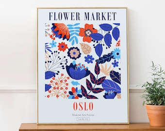 Oslo, Norway Flower Market Blue and Red Boho Wall Decor Print Poster