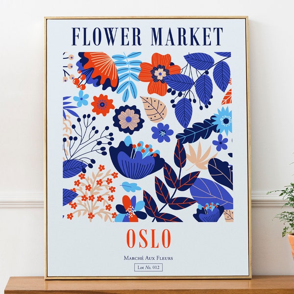 Oslo, Norway Flower Market Blue and Red Boho Wall Decor Print Poster