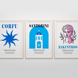 SET of 3 Famous Greek Resorts Print Posters — Santorini / Corfu / Zakynthos — Aesthetic Wall Art, Greece Lover Gift