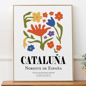 Cataluña (Catalunya) Spagna nord-orientale, motivo di fiori colorati, Poster di stampa di Boho Abstract Aesthetic Wall Art, Living Room Décor