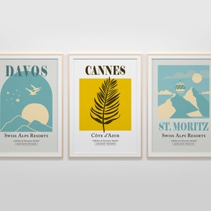 SET de 3 carteles estéticos de impresión de decoración mural: Cannes (Francia) / Davos y St. Moritz (Suiza)