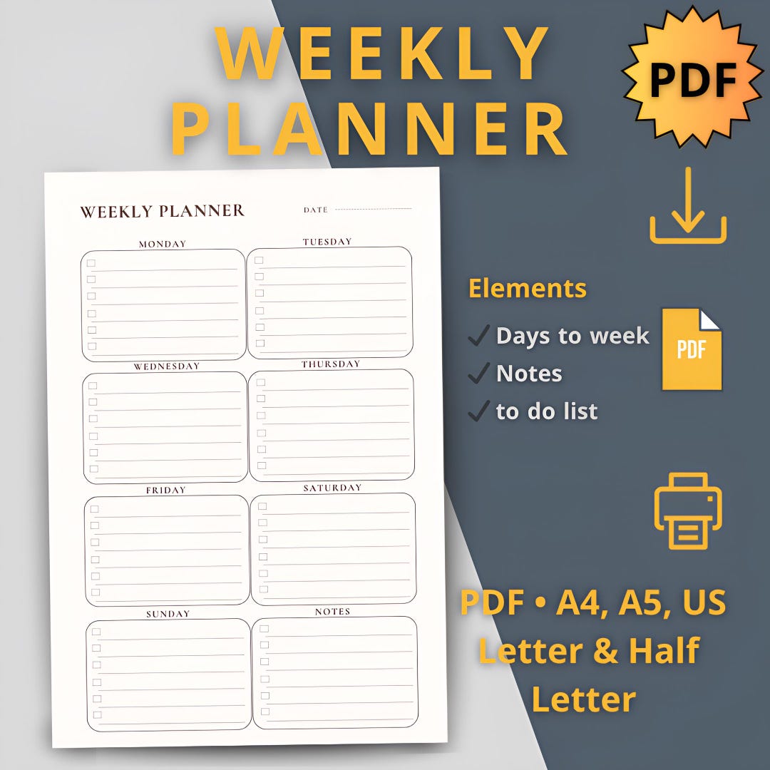 Minimalist Weekly Planner Printable: A4 A5 US Letter Sizes (PDF ...