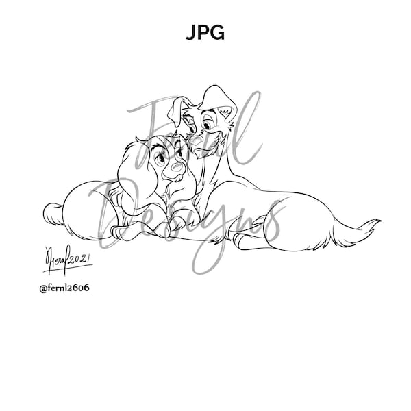 Lady and the Tramp, dogs, fan art, clipart, clip art, stamp, coloring page, digital design download, line art, line-art, JPG