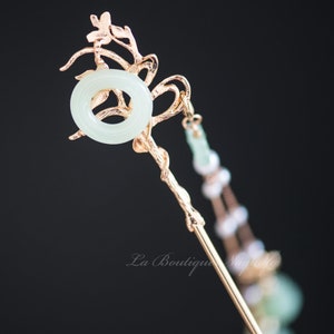 Forcina per capelli in stile asiatico con pietra di giada finta/Elegante accessorio per capelli in lega dorata/Accessorio per capelli alla moda per chignon