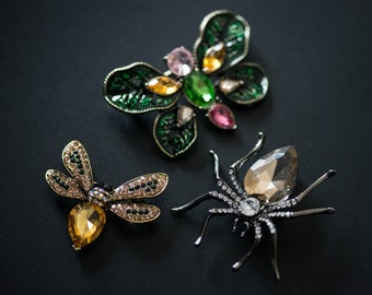 Lot de 3 broches strass-Araignée-Papillon-Abeille-Collection de broches-Broches strass-Ensemble-Cadeau-Pour les férus de bijoux