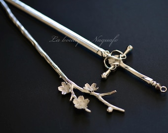 Set of 2 sword and flower branch hairpins - Hair accessories - Fashion jewelry - For weddings - Gift - Hairpin set