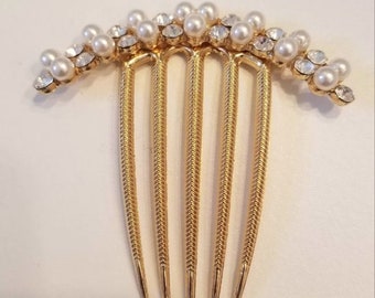 Metal hair comb with rhinestones and synthetic pearls-Hairdressing accessory-Hair jewelry-Fashion jewelry-Hair pin