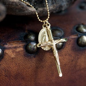 Religious Pendant Necklace with Cross and Virgin Mary in Stainless Steel, Discreet and Elegant Catholic Jewelry for Everyday Wear