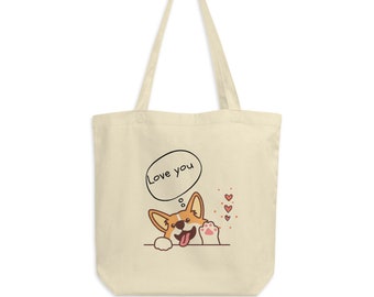 Beige, Corgi Anime Tote Bag, Large Cotton, Cute Dog Tote Bag for Dog Mom