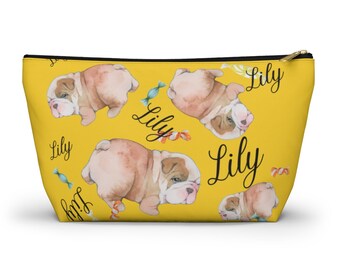 Bolsa de accesorios personalizada con fondo en T, bolsa pequeña y grande con cremallera, bolsa de lápiz de maestro, bulldog inglés, mamá perro, regalos para amantes de los perros