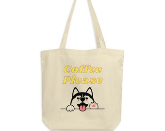 Beige, Husky Anime Tote Bag, Large Cotton, Cute Dog Tote Bag for Dog Mom, Husky Lovers