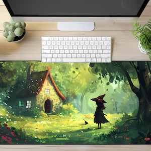 Halloween Witchy Dark Cottagecore Desk Mat, Anime Mouse Pad, Lofi Cute Kawaii Aesthetic, Green Desk Accessories Gifts for Girl Gamers.