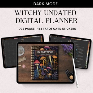 Agenda digital de bruxas, diário de grimório, sem data, modo escuro, adesivos de cartas de tarô digitais de bruxas, perfeito para usuários de TDAH e bruxas bebês.