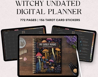 Witchy Digital Planner, Grimoire Journal, Undated, Dark Mode, Digital Tarot Card Witchy Stickers, Perfect for ADHD Users and Baby Witches.