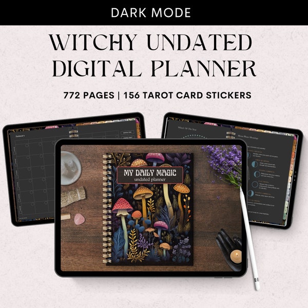 Witchy Digital Planner, Grimoire Journal, Undated, Dark Mode, Digital Tarot Card Witchy Stickers, Perfect for ADHD Users and Baby Witches.