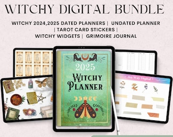 Witchy Digital Planner Bundle. 2024, 2025 and Undated Planners, Grimoire Journal, Witchy Widgets, Tarot Stickers. Light Mode