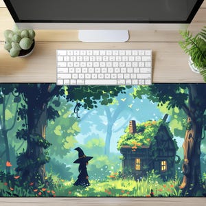 Halloween Witchy Dark Cottagecore Desk Mat, Anime Mouse Pad, Lofi Cute Kawaii Aesthetic, Green Desk Accessories Gifts for Girl Gamers.