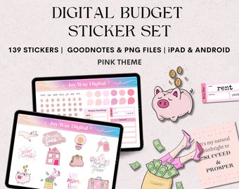 Digital Budget Finance Planner Sticker Pack in Pink for iPad, Android, GoodNotes, Notobility, Xodo User. Pre-cropped, Individual PNG Images