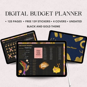Digital Budget Financial Planner in Gold and Dark Mode. For Ipad, Android, GoodNotes, Xodo User. Undated. Monthly, Weekly, Daily Templates