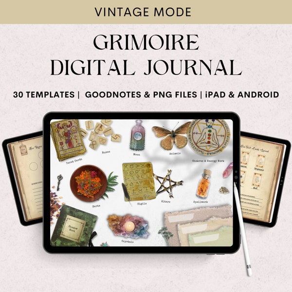 Diario de grimorio digital, Libro de las sombras, Suministros de brujería, Modo vintage, 30 plantillas de brujas, para Ipad, Android, usuario de GoodNotes.