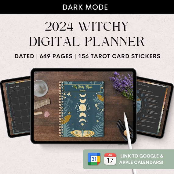 Witchy Digital Planner 2024, Tarot Journal, Grimoire Journal, Bonus 158  Tarot Card Stickers, Connect With Apple and Google Calendars 