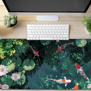Koi Fish Pond Cottagecore Desk Mat, Anime Mouse Pad, Lofi Cute Japanese Kawaii Aesthetics, Desk Accessories Gifts for Girl Gamers, Moms.