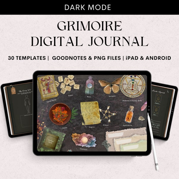 Digital Grimoire Journal, Book of Shadows, Witchcraft Supplies, Dark Mode, 30 Witchy Templates, for Ipad, Android, GoodNotes User.