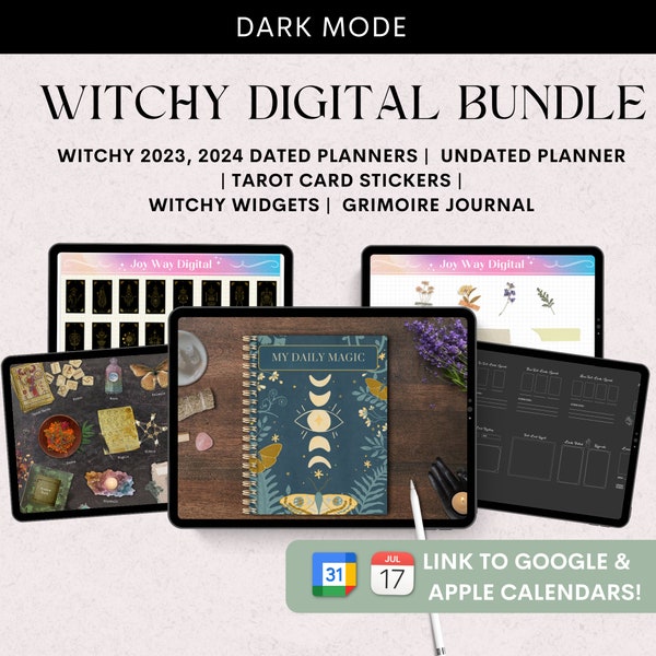 Witchy Digital Planner Bundle Dark Mode, Witchy Planners, Grimoire Journal, Tarot Stickers, Widgets. For GoodNotes, iPad, Android User.