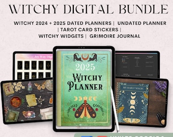 Witchy Digital Planner Bundle. 2024, 2025 and Undated Planners, Grimoire Journal, Witchy Widgets, Tarot Stickers. Dark Mode.