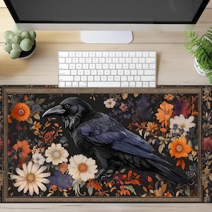 Raven Bird Dark Cottagecore Desk Mat, Floral Vintage Gaming Mouse Pad, Desk Decor Gifts for Girl Gamers, Moms, Nature Lovers.