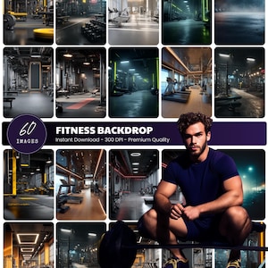 May include: A collection of gym images and a man in a blue top and shorts, squatting with a barbell. The text "FITNESS BACKDROP" is displayed, along with "60 IMAGES" and details about the instant download and premium quality.