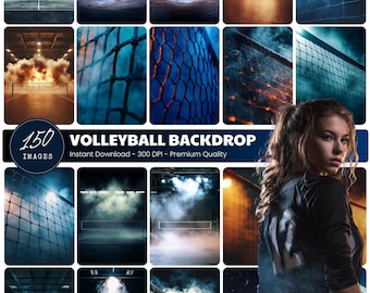 May include: A collage of volleyball-themed digital backdrops. The images feature volleyball nets, courts, and dramatic lighting effects, including smoke and lightning. Text reads "VOLLEYBALL BACKDROP" and "150 IMAGES". A woman in a volleyball uniform is also present.
