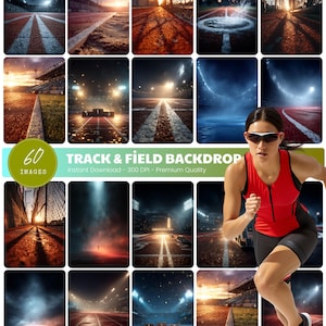 Könnte beinhalten: Eine Collage von Leichtathletikbildern, darunter eine Läuferin in rotem Oberteil und schwarzen Shorts. Die Bilder zeigen Laufstrecken, Stadionlichter und den Text "TRACK & FIELD BACKDROP". Ein grüner Kreis zeigt die Zahl "60" und das Wort "IMAGES".