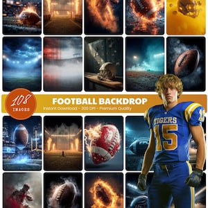 May include: A collection of football-themed images, featuring a player in a blue and yellow uniform, flaming footballs, and stadium backgrounds. Text includes "FOOTBALL BACKDROP" and "108 IMAGES".