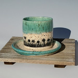 Turquoise and Speckled Butterfly and Flower Ceramic Planter Pot and Saucer, Handmade Glazed Pottery