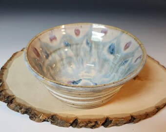 Peacock Textured Ceramic Speckled Bowl in Tan, Blue, Grey and Purple, Handmade Glazed Pottery