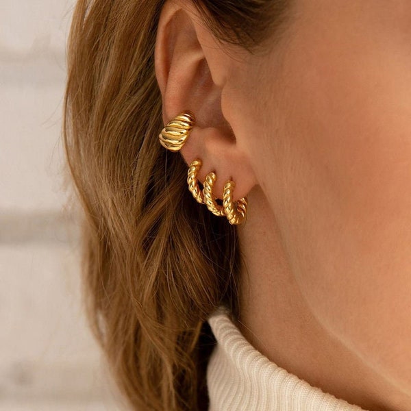 Huggie Gold Hoop Earrings 18k Gold Plated Small Twisted Tiny Dainty Hoops Double Piercing Earrings | Gold Jewellery Jewelry Women's Gift