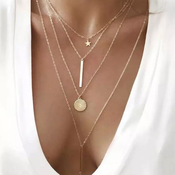 Layered Halskette Gold - Multi Layer Halsketten für Frauen Handmade Boho Stern Münze Doppel Charm Anhänger | Geschenke für Sie | Gold Schmuck