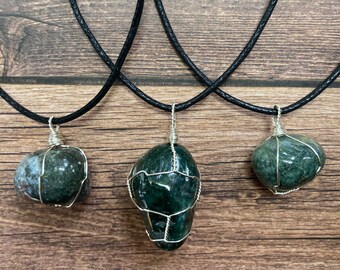 Moss agate wire wrapped crystal necklace