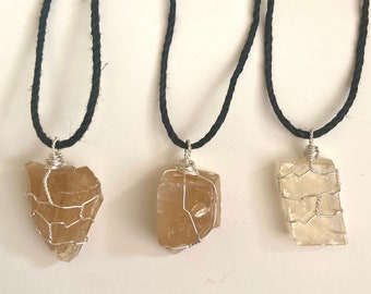 Raw honey calcite wire wrapped crystal necklace