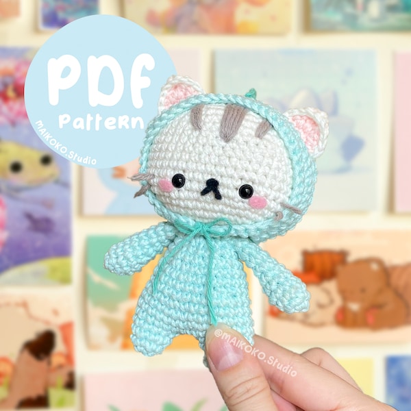 Dino Cat Crochet PATTERN - A pattern for an adorable little crochet amigurumi plushie cat in a dino suit