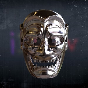 May include: A silver Oni mask with a menacing expression. The mask has a wide mouth with sharp teeth and red eyes.