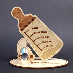 Geschenk zur Geburt, Taufe, Karte 3D personalisiert mit den Geburtsdaten des Kindes und Wunschtext. Geldscheinhalter, Geldgeschenk, Baby.