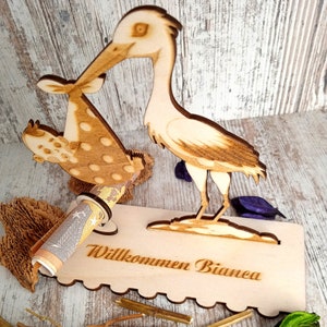 Geschenk zur Geburt mit Halter für ein Geldgeschenk, personalisiert mit Wunschtext. Karte zur Geburt.