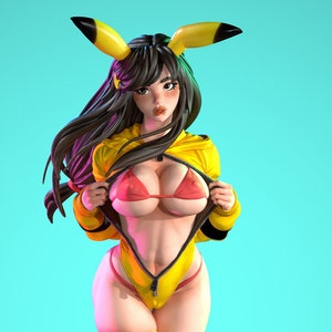May include: A yellow and black figure with a zipped yellow jacket and a pink bikini top. The figure has long black hair and is standing on a black circular base.