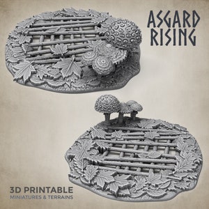 May include: A 3D printed miniature terrain featuring a circular base with a grid of wooden planks and a scattering of leaves. The base is decorated with three mushroom-shaped structures, each with a unique design. The text "ASSGARD RISING" is printed on the top of the image.