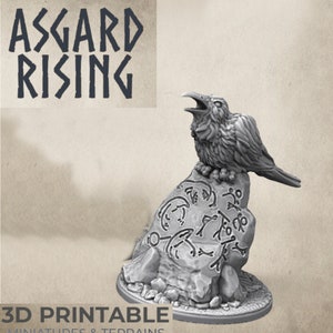 May include: A 3D printed miniature of a raven perched on a rock with runes carved into it. The raven is detailed with feathers and has its beak open. The rock is grey and has a base.