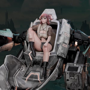 May include: A digital illustration of a woman with pink hair seated in a futuristic, camouflaged mech suit. The mech is mainly grey and black with orange accents. The background shows a dark, blurred landscape.